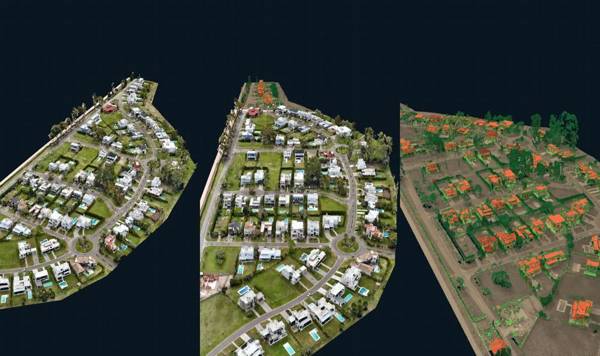 Nube de puntos 3D del barrio vista desde tres ángulos